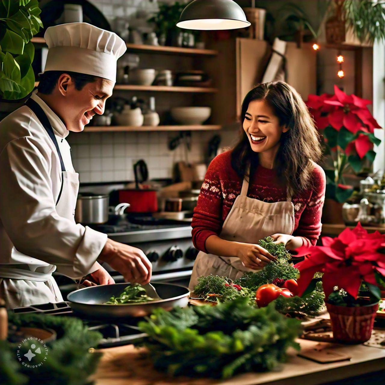 Personas preparando comida en una mesa Descripción generada automáticamente