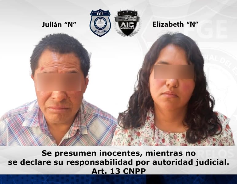 Puede ser una imagen de 2 personas y texto que dice "FGE Julián "N" ENCIA BIMINAL IMINAION AIC MORELOS MOMLOS Elizabeth Elizabeth"N" "N' Se presumen inocentes, mientras no RELOS se declare su responsabilidad por autoridad judicial. Art. 13 CNPP"